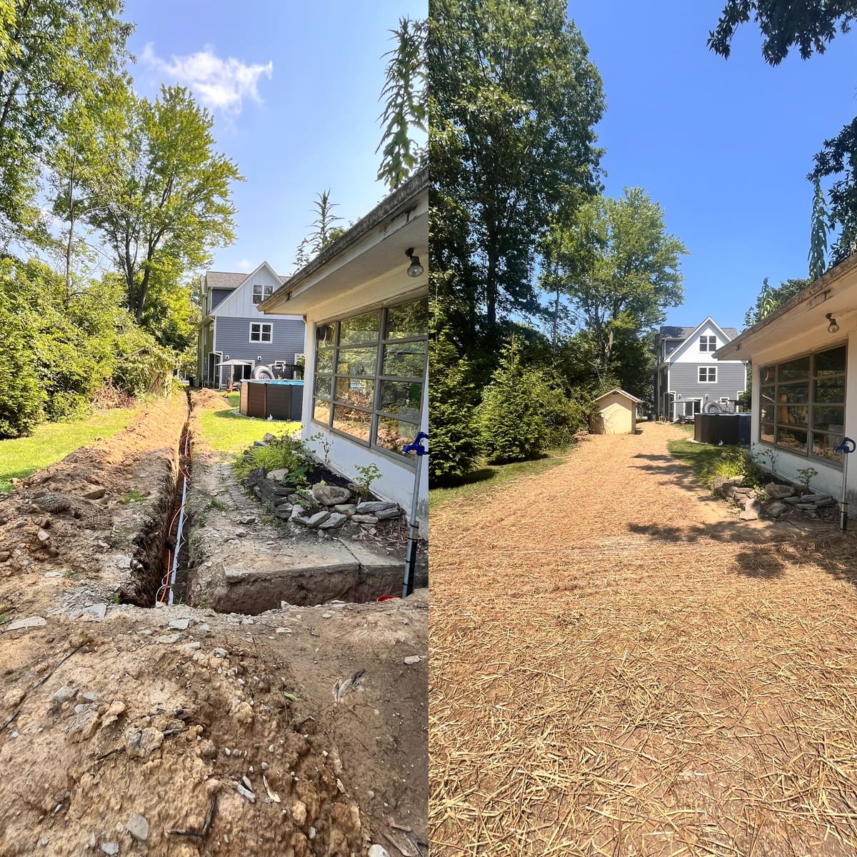Before and after French drain installation