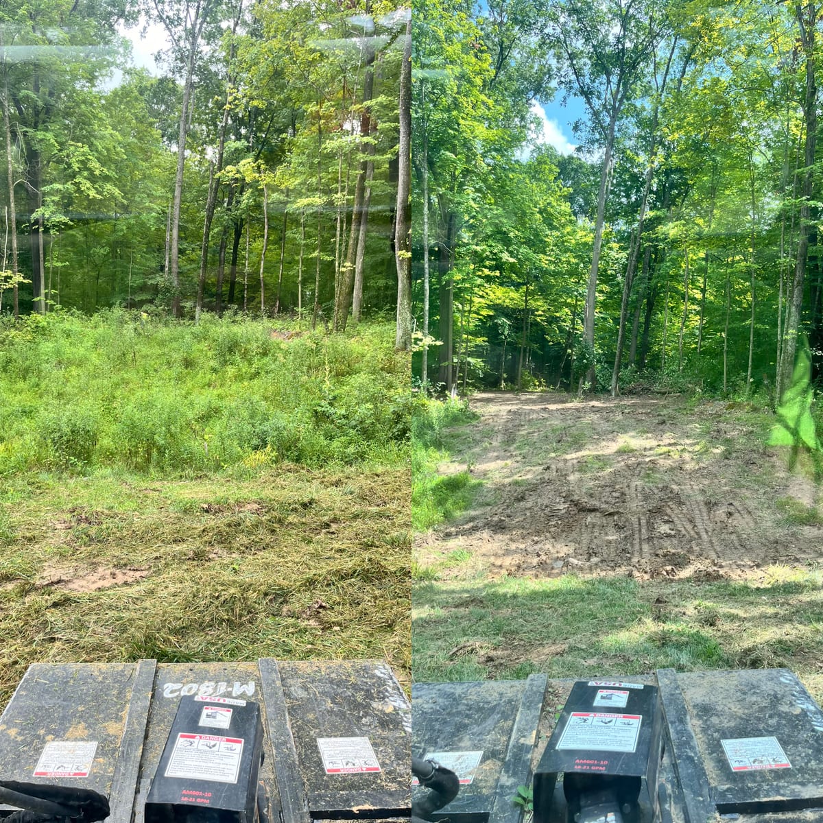 Forestry mulching before and after — wooded lot cleared by Merten Land Clearing